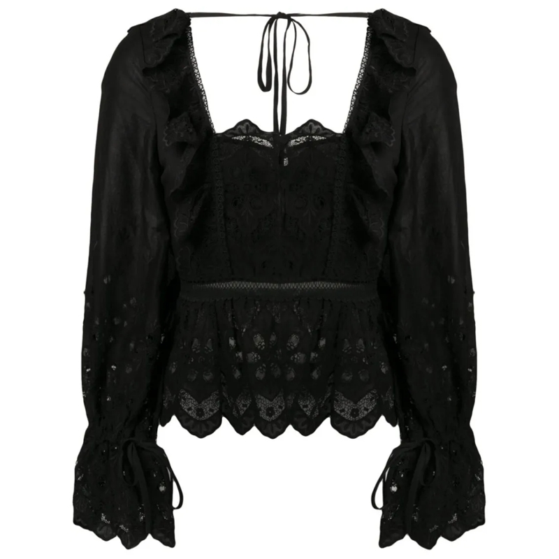 Self Portrait Overhemd Black Macramè Shirt With Floral Lace Patterns Black