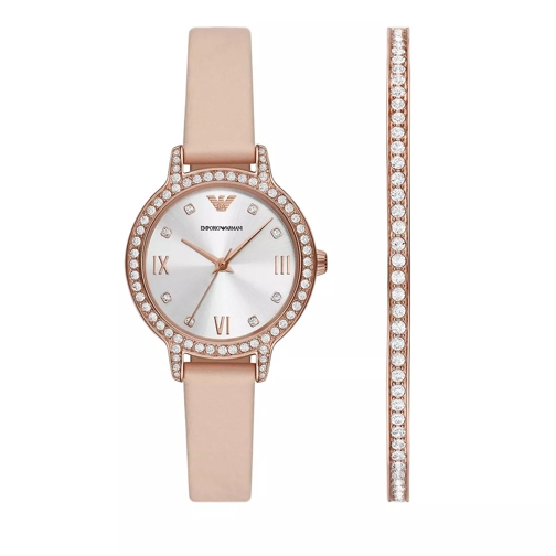 Emporio Armani Emporio Armani Three-Hand Pink Leather Watch and Bracelet Rosegold Quartz Horloge