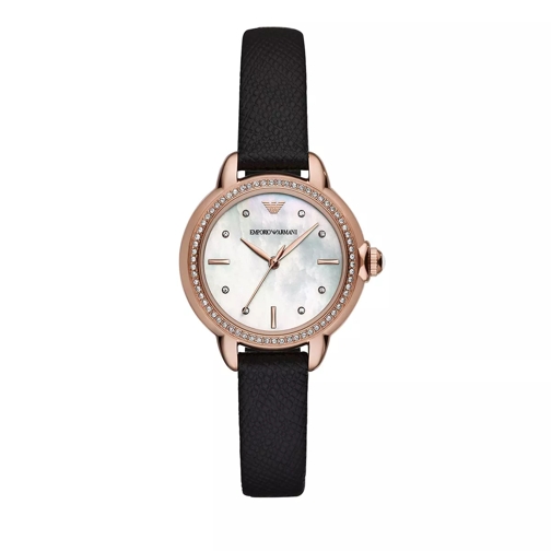 Emporio Armani Emporio Armani Three-Hand Black Leather Watch Rosegold Quartz Horloge