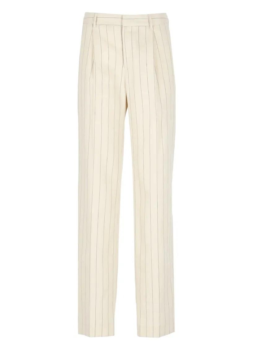 Thumbnail - Pt Torino - Ivory Linen And Cotton Palazzo Pants With Striped - Größe 44 - beige