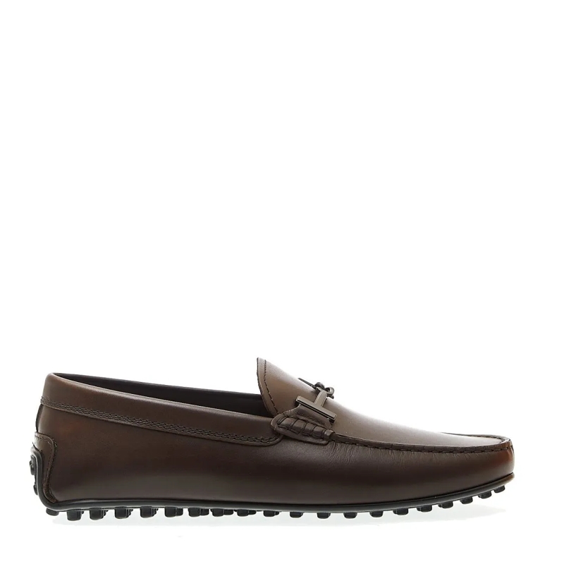 Tod's Loafer City Gommino In Brown Leather Buckle White