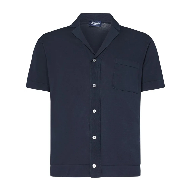 Drumohr Chemise Frosted Navy Bowling Shirt With Chest Patch Pocket Blue