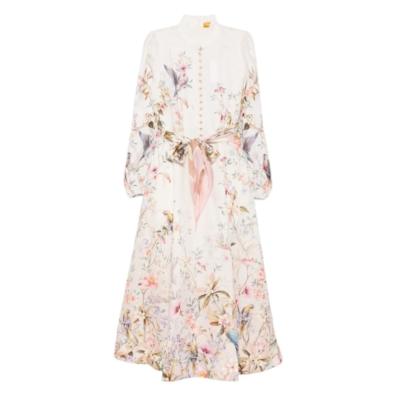 Zimmermann Midi-jurk Floral Print Midi Dress With Puffed Sleeves Neutrals