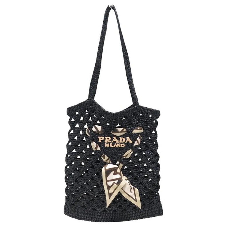 Prada Draagtas PRADA STROH-TASCHE MIT LOGO UND SEIDENSCHAL SCHWAR schwarz