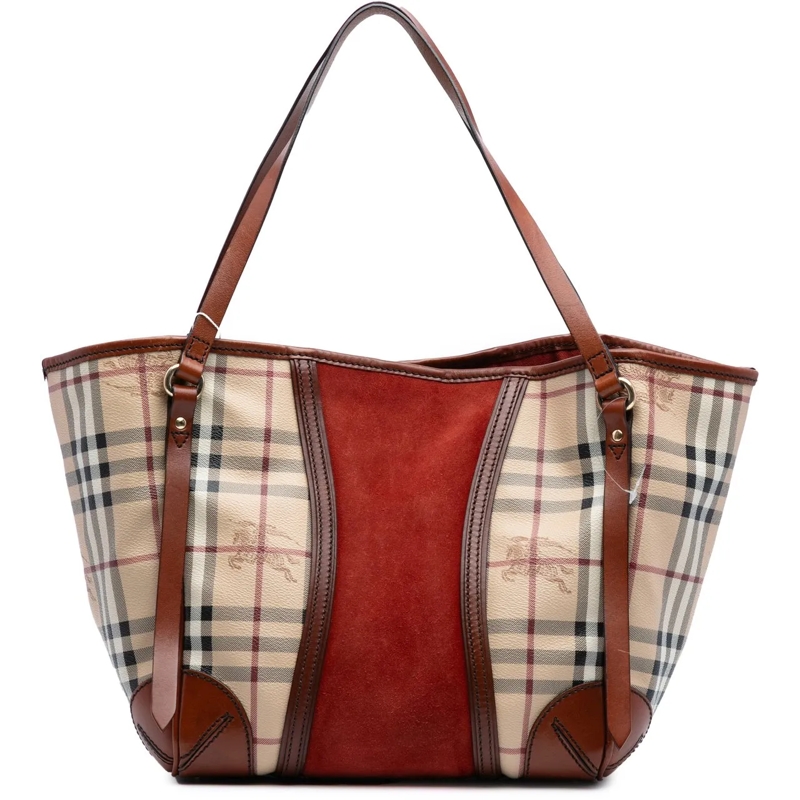 Burberry Shopper Small Suede Trimmed Haymarket Check Coated Canvas  braun