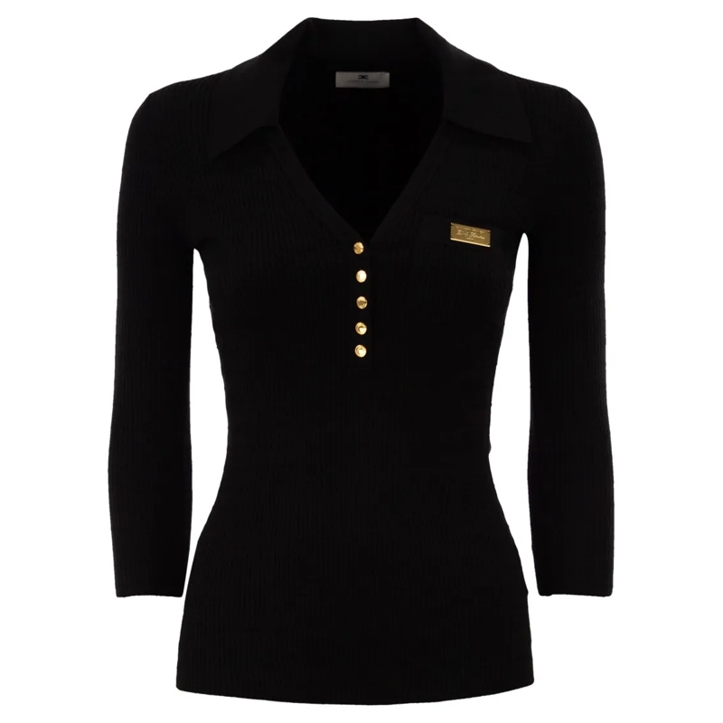 Elisabetta Franchi Overhemd Micro-Cable Knit Polo Shirt With Gold Accents Black