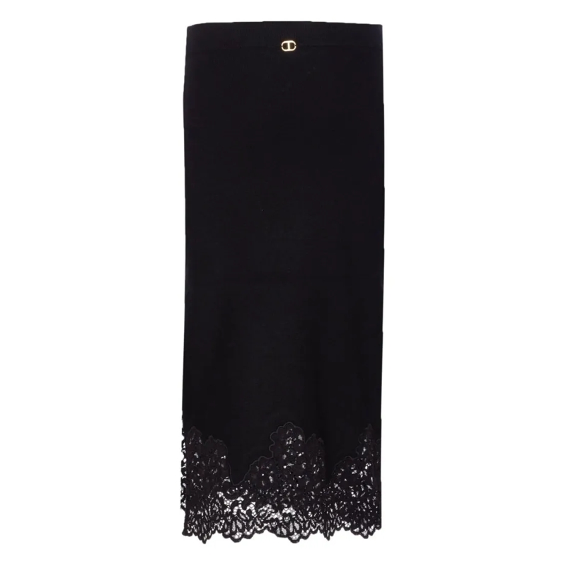 Twin-Set Jupe midi Straight Silhouette Skirt With Lace Trim Black