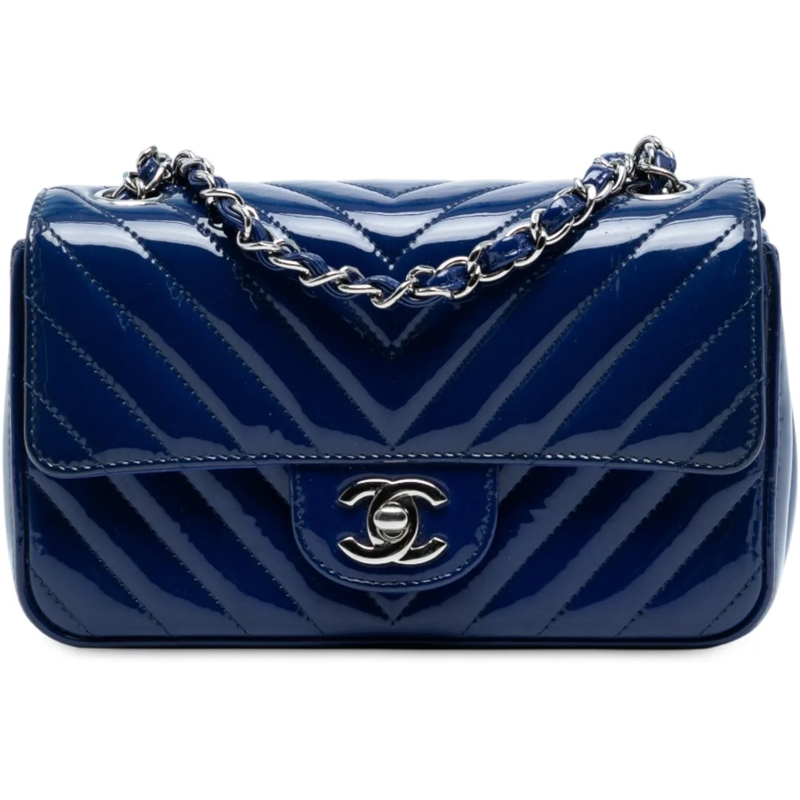 Chanel Schultertasche Mini Rectangular Classic Chevron Patent Single Fla blau