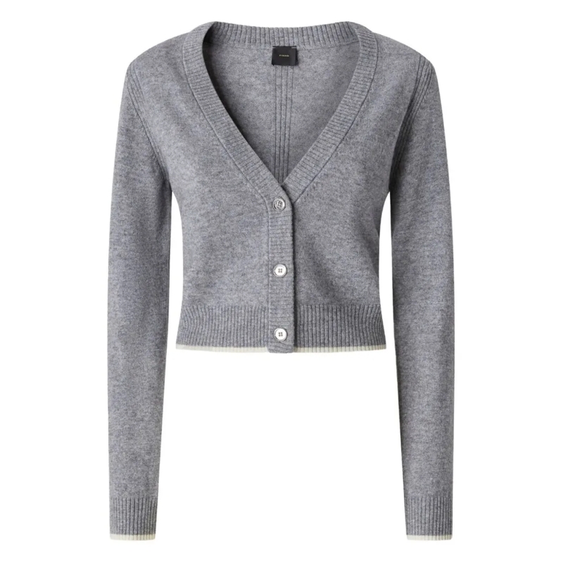 Pinko Pullover Cropped Grey Knit Sweater With Deep V-Neckline Grey