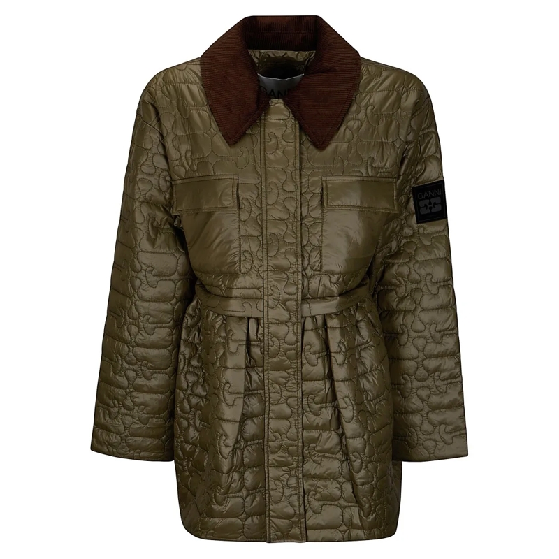 GANNI  Shiny Quilt Midi Jacket Green