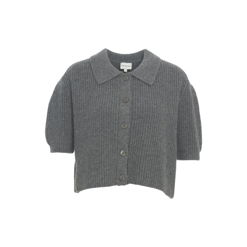 HERSKIND Cardigan Cropped Cardigan With Classic Collar And Ribbed Te Grey