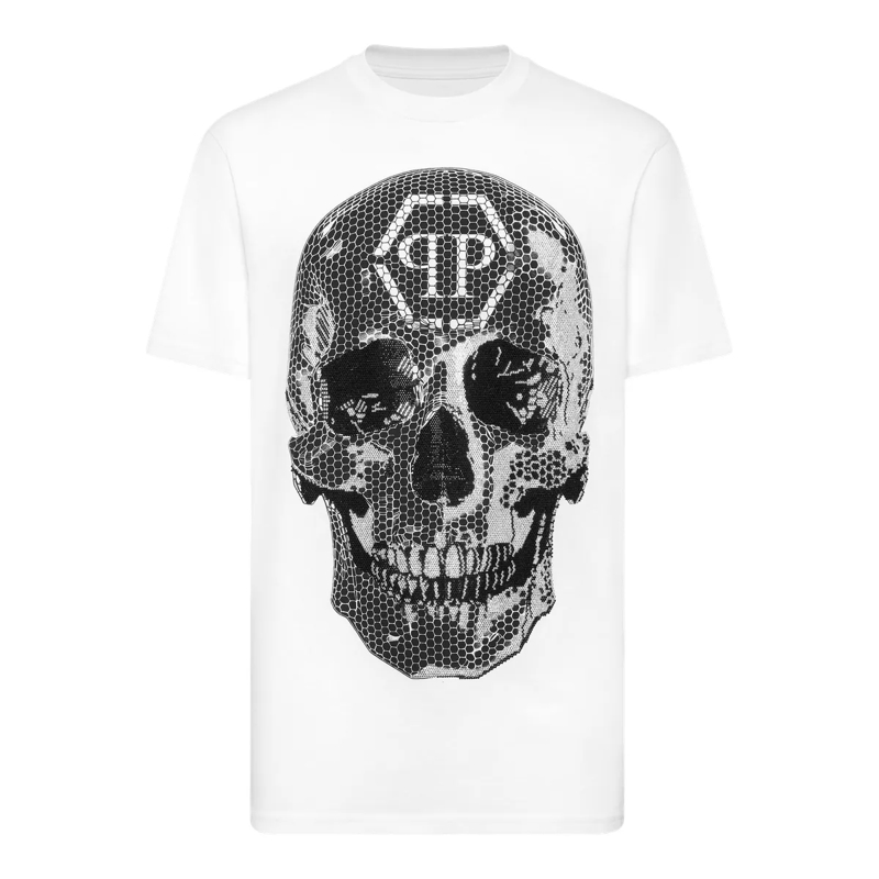 Philipp Plein T-Shirt T-Shirt Rundhalsausschnitt Ss Skull Mit Schmuckste weiss