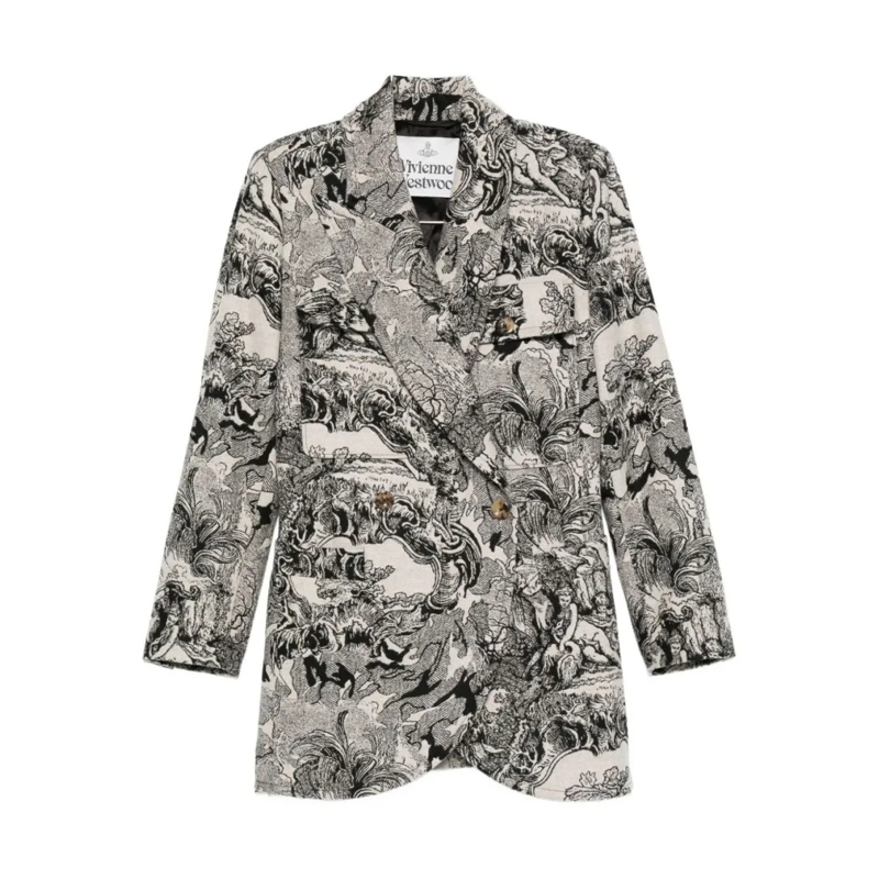 Vivienne Westwood Manteau d'hiver Double-Breasted Cream Coat With Black Prints Grey