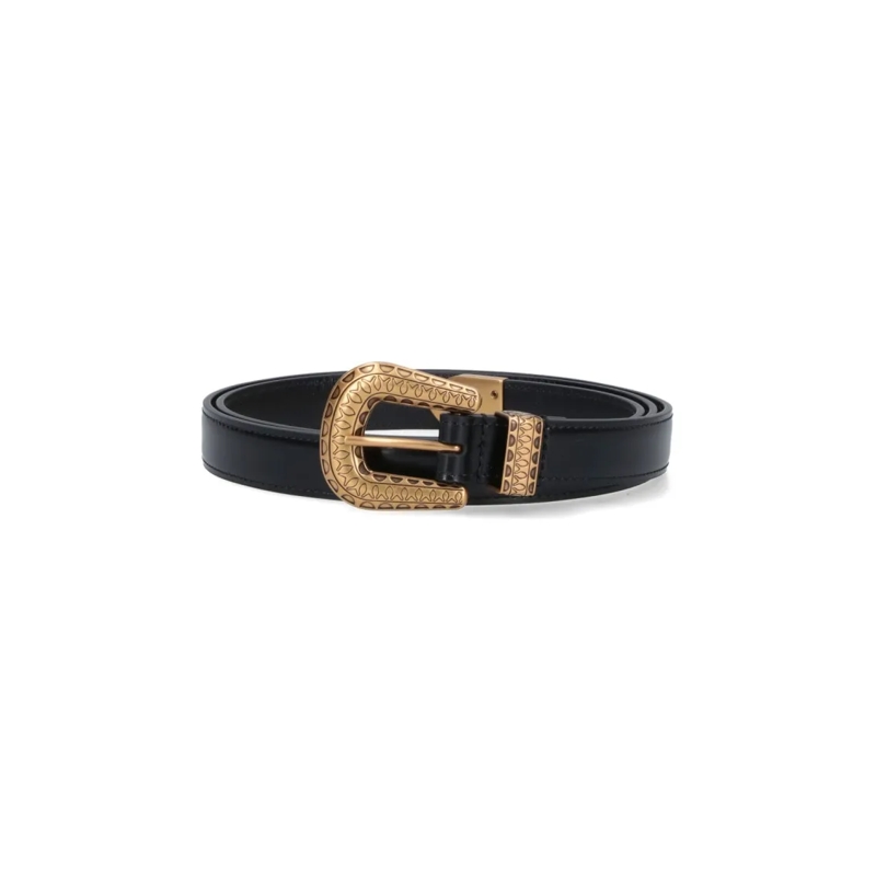 Valentino Garavani Riem Smooth Leather Belt With Engraved Gold Buckle Black