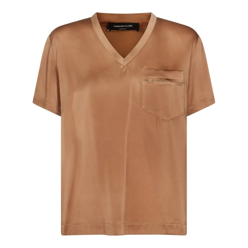 Fabiana Filippi T-Shirt Brown V-Neck Short-Sleeve Top Brown