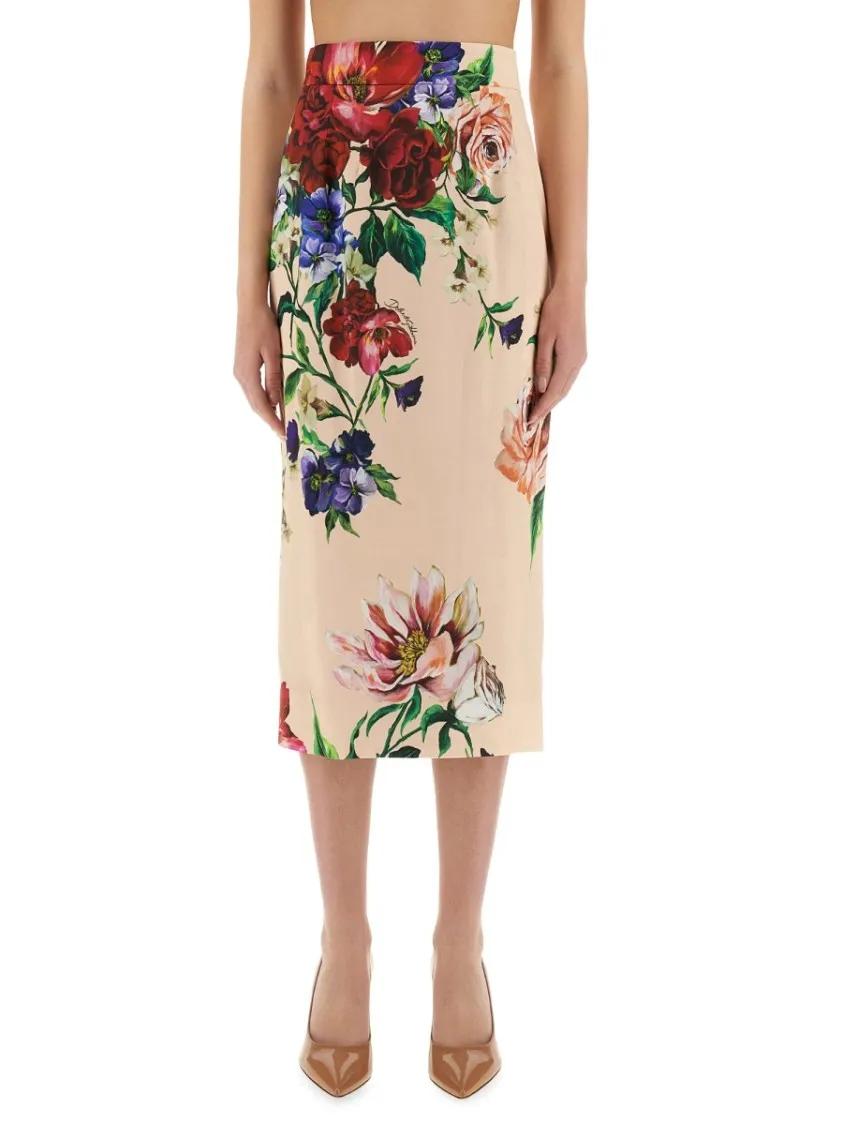 Thumbnail - Dolce&Gabbana - Flower Print Satin Midi Pencil Skirt - Größe 44 - pink