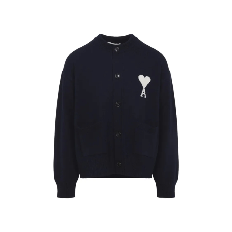 AMI Paris Vest Button-Up Cardigan Sweater With Ribbed Detailing Black