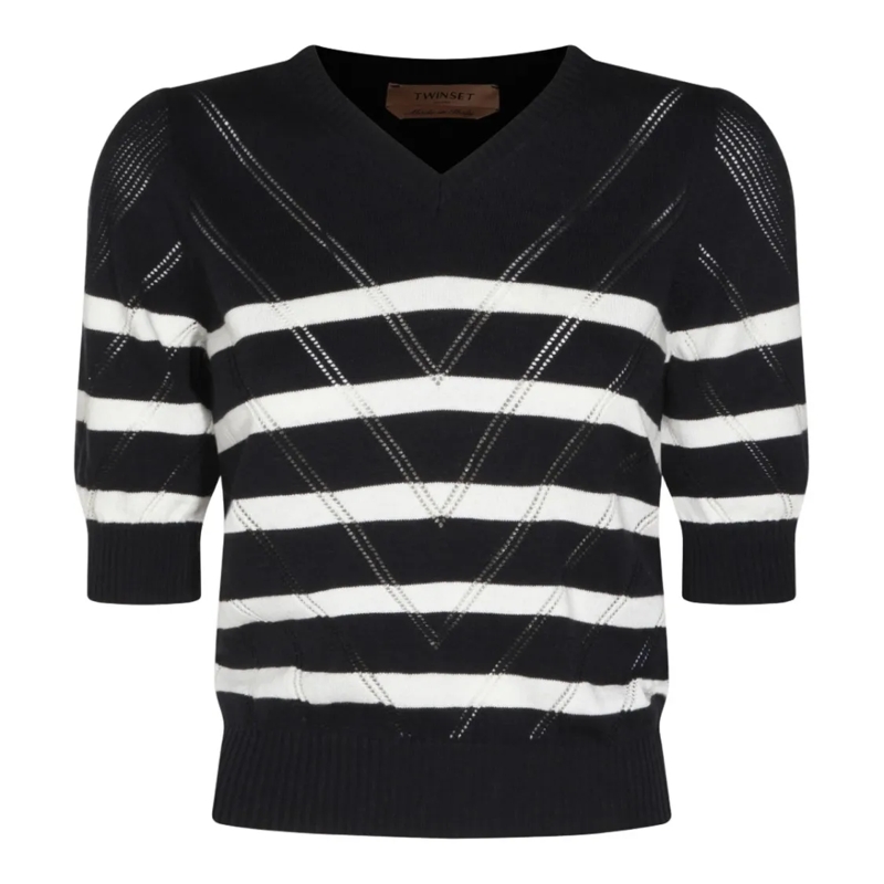 Twin-Set Pullover Textured Knitted Sweater With Striking Horizontal  Black