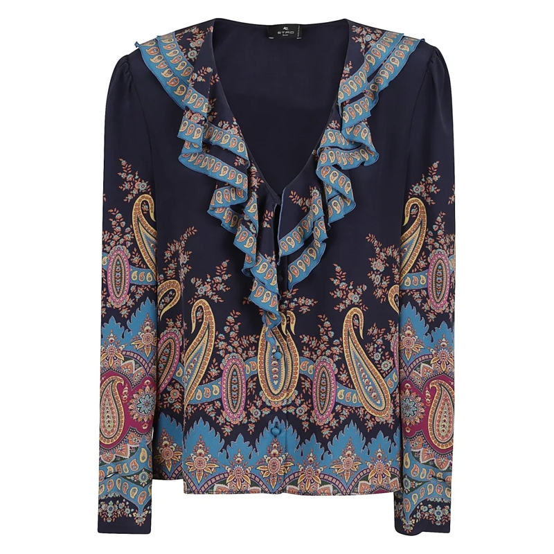 Etro Blouse Intricately Patterned Silk Blouse With Ruffled Col Blue