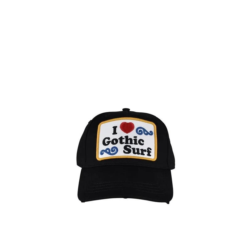 Dsquared2 Hut Embroidered Black Cotton Cap With Distressed Detai Black
