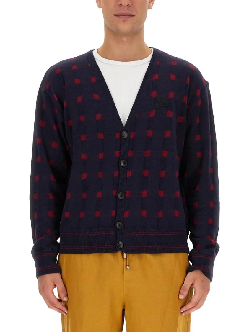 Thumbnail - Etro - Checkered Pattern V-Neck Cardigan - Größe L - blau
