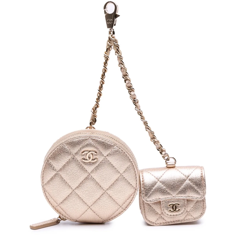 Chanel Portefeuille sur chaîne Metallic Quilted Lambskin Round Clip On Coin Purse gold