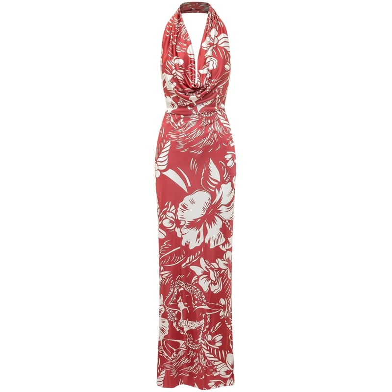 Dsquared2 Maxikleid Abito Lungo con Scollo All American e Stampa Flore rot