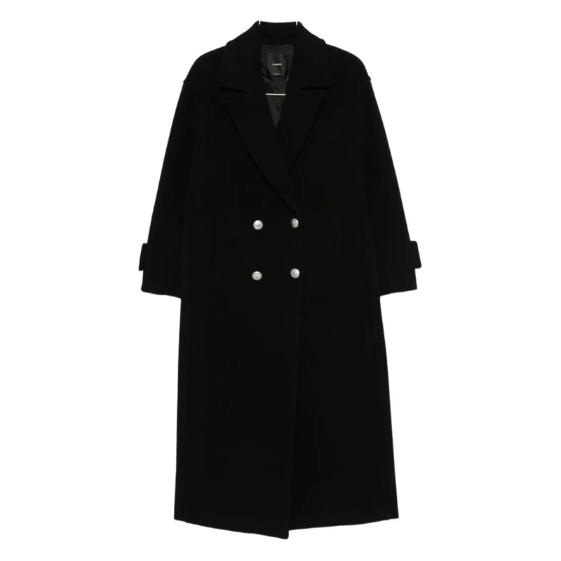 Pinko Manteaux de tanche Double-Breasted Black Wool Coat With Classic Lapel Black