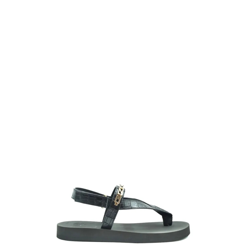 Giuseppe Zanotti Loafer Black Leather Sandals With Crocodile-Texture Strap Grey