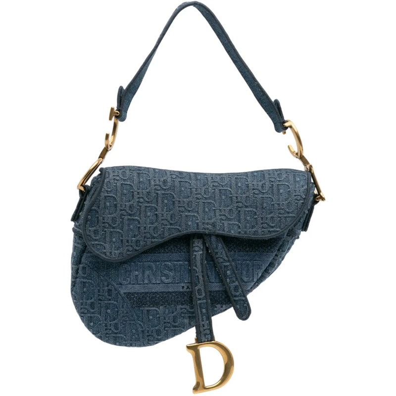 Christian Dior Schultertasche Oblique Embroidered Denim Saddle Bag blau