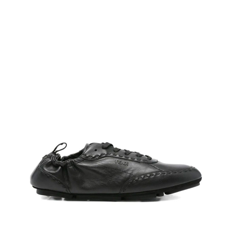 Fendi Loafer Sleek Lace-Up Flat Shoes In Smooth Leather Black