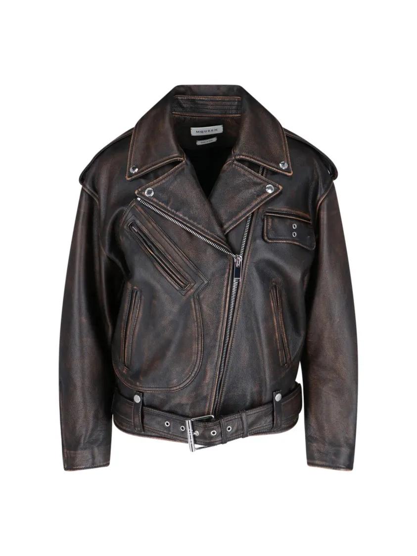 レザージャケット・コート Alexander Mcqueen Brown Leather Zip Jacket With Asymmetrical Alexander McQueen Brown Leather Zip Jacket With Asymmetrical