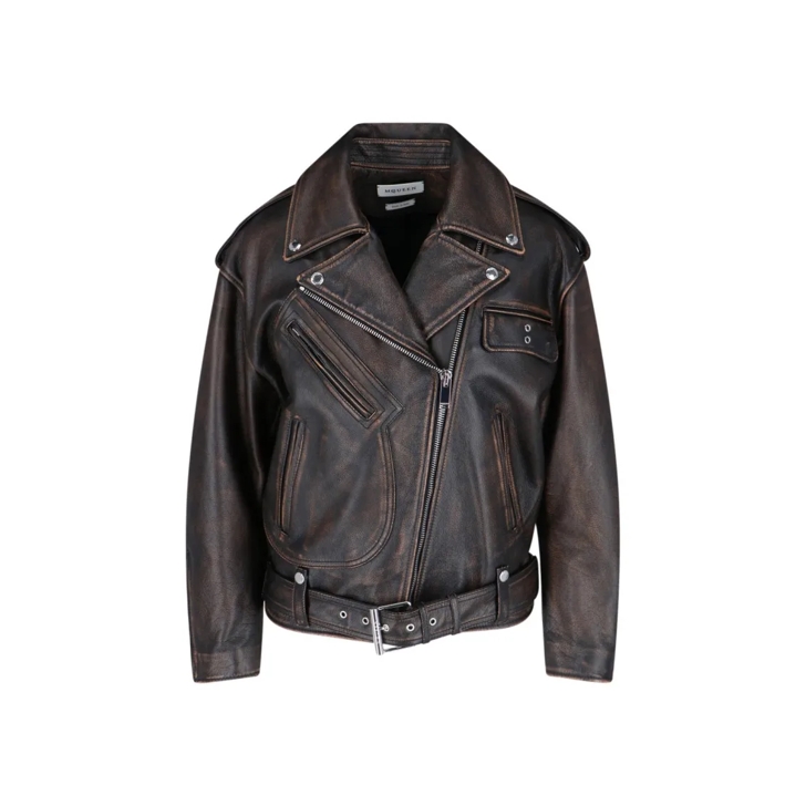 レザージャケット・コート Alexander Mcqueen Brown Leather Zip Jacket With Asymmetrical Alexander McQueen Brown Leather Zip Jacket With Asymmetrical