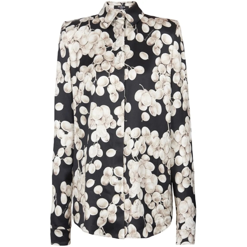 Balmain Blouse Raisin-Print Long-Sleeved Blouse With Concealed Bu Grey