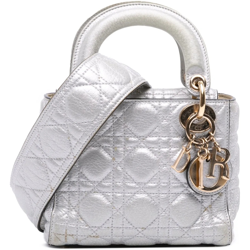 Christian Dior Schultertasche Mini Metallic Grained Calfskin Cannage Lady Dior silber