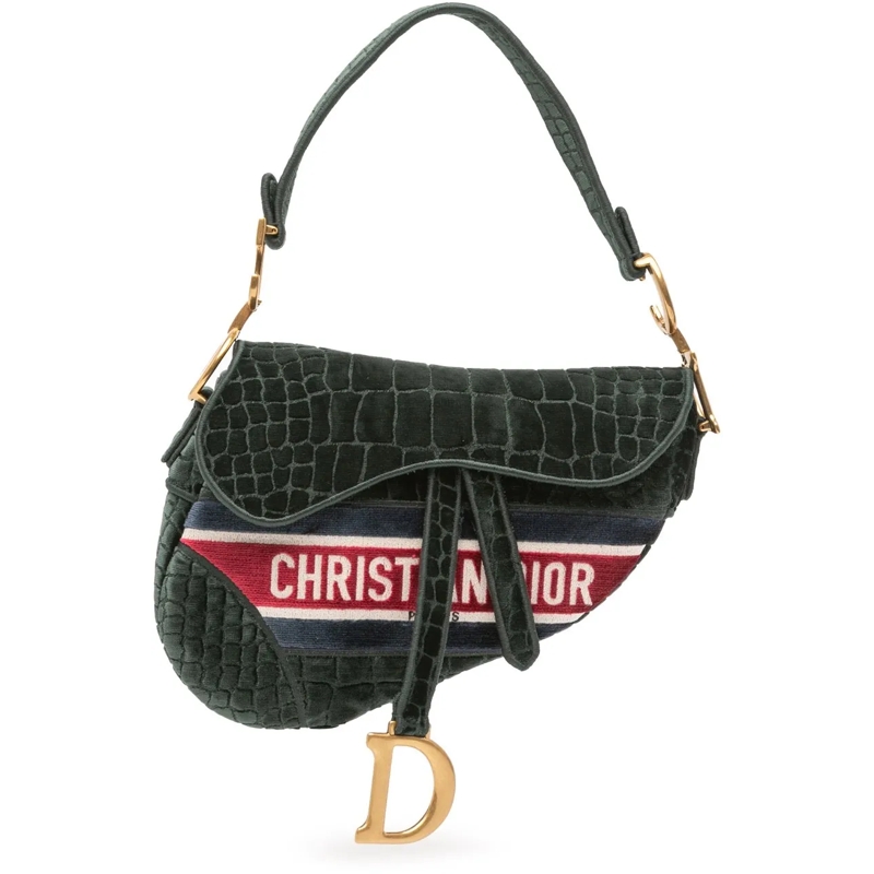 Christian Dior Schultertasche Velvet Embroidered Crocodile Effect Saddle Bag grün