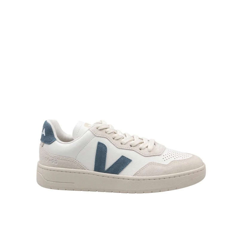 Veja Lage-top sneaker V-90 Leather Sneakers, White And Light Blue Grey