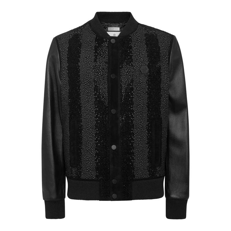 Philipp Plein Lederjacke Lederblouson Mit Schmucksteinen schwarz