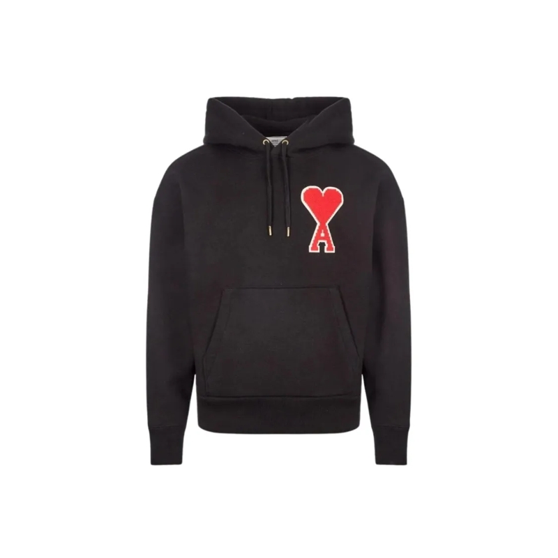 AMI Paris  Giant Heart Logo Hoodie In Soft Cotton Jersey Black