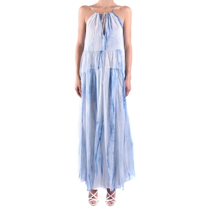 Dondup  Tiered Maxi Dress With Watercolor Pattern Blue