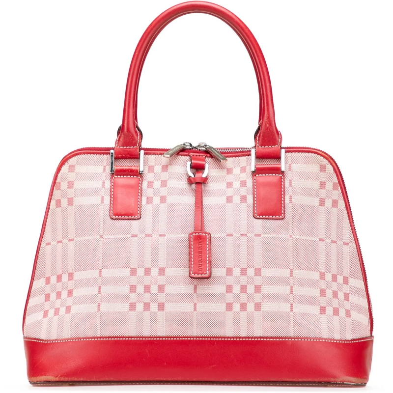 Burberry Tote Leather Trimmed Tonal Check Canvas Dome Handbag rot