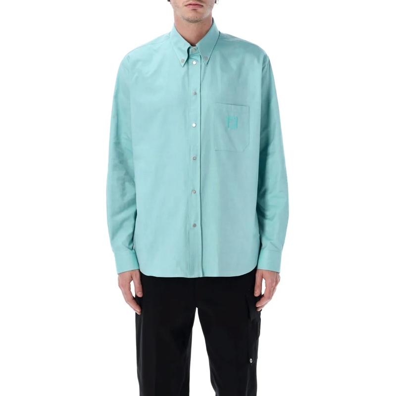 Fendi Overhemd Comfort Fit Turquoise Cotton Oxford Shirt Blue