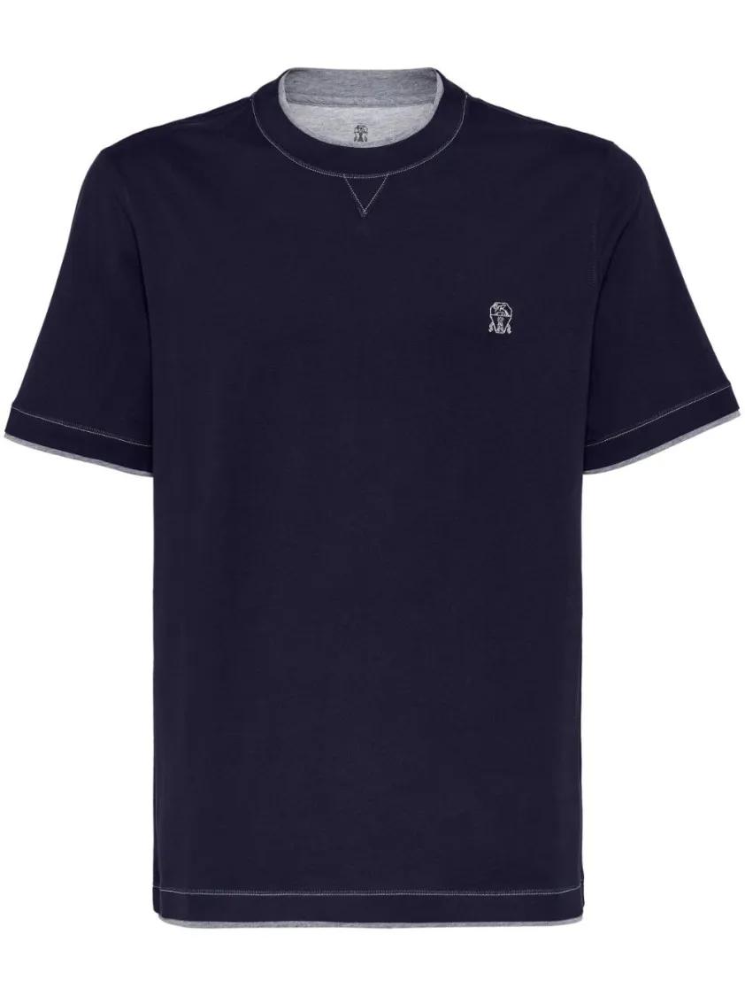 Brunello Cucinelli - Blue Cotton T-Shirt With Embroidery - Größe L - blau