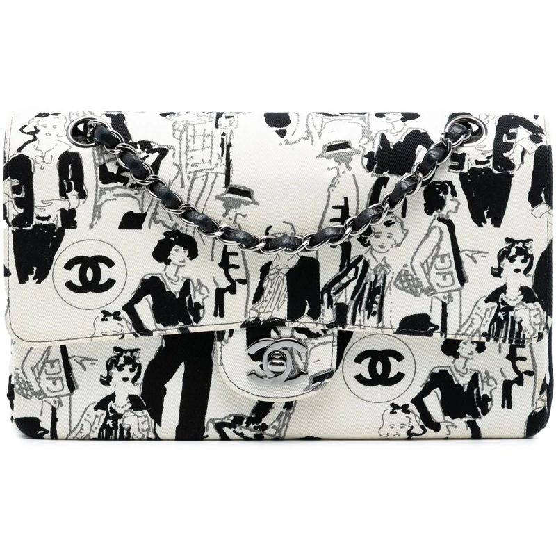 Chanel Schultertasche Medium Classic Canvas Coco Mademoiselle Double Fla weiß