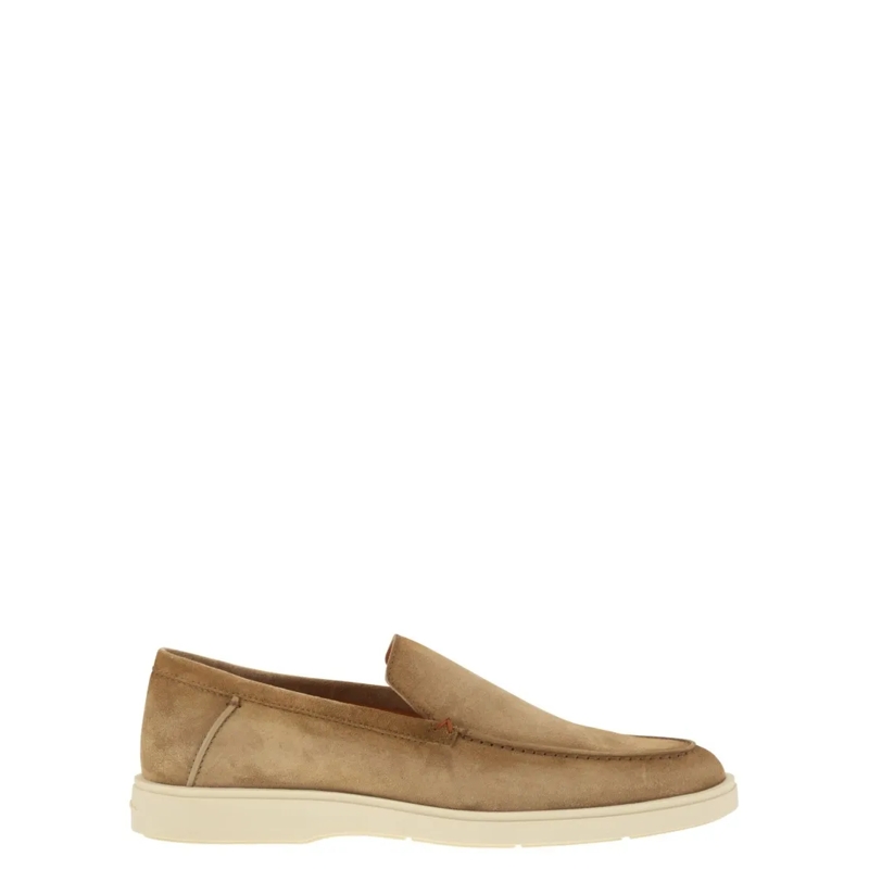 Santoni Mocassin Suede Moccasin With Orange Thread Detailing Neutrals