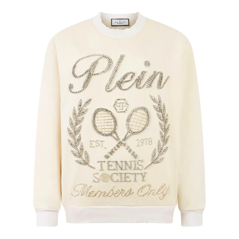 Philipp Plein Top Washed Sweatshirt Tennis Society Strass weiss