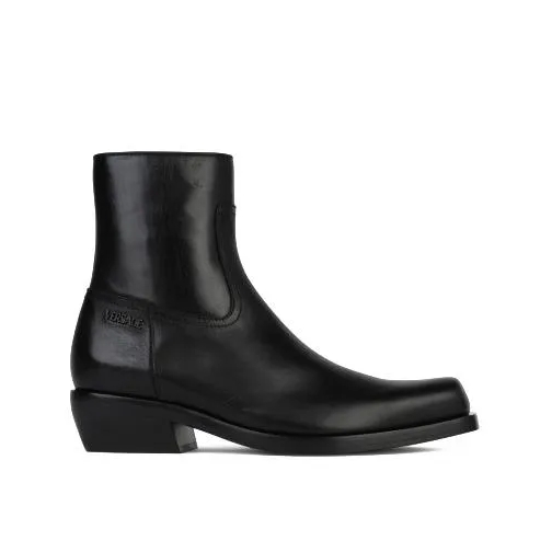 Versace Black Leather Ankle Boots Black Botte