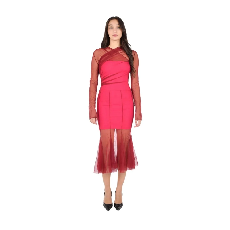 Nensi Dojaka Robe midi Bordeaux Midi Dress With Sheer Chiffon Overlay Red
