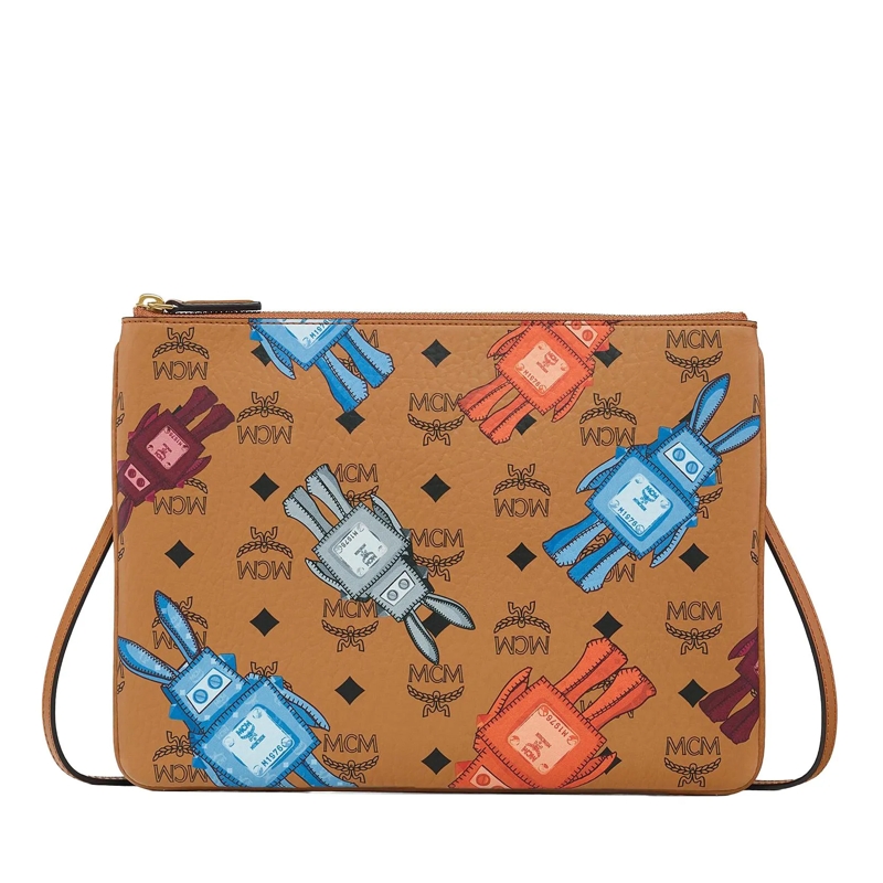 MCM Pochette Aren Visetos Flat Pouch Med Co Cognac