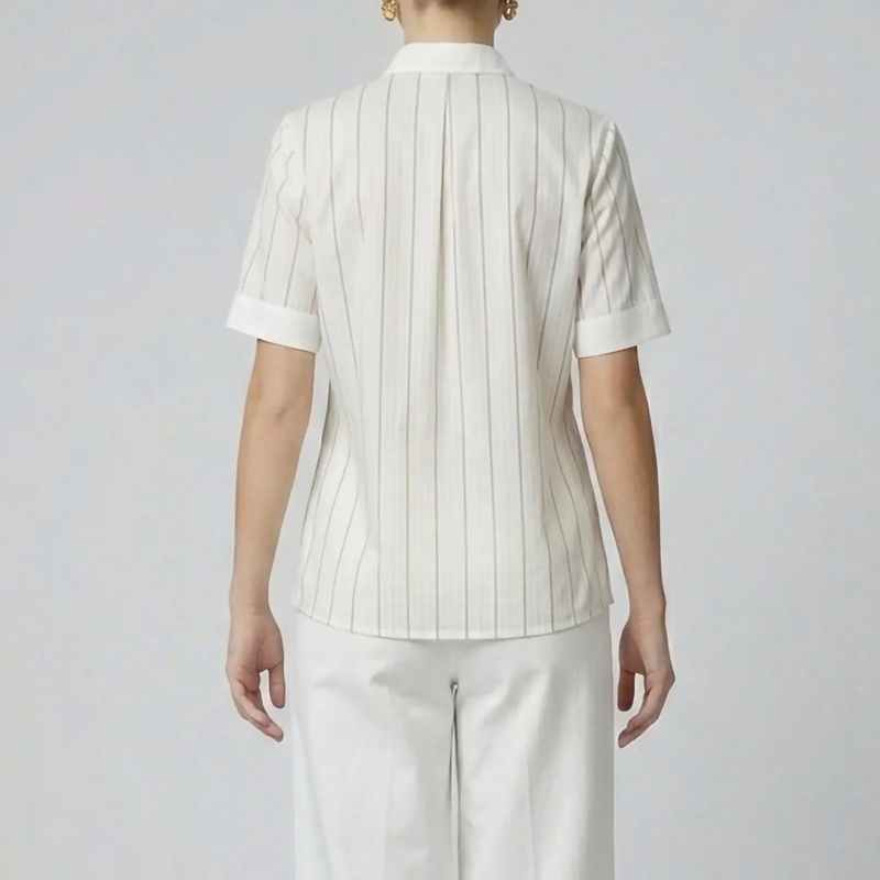 Helene Galwas Bluse Gestreifte Baumwollbluse mit Seidenschleifenkragen beige(Image 3)